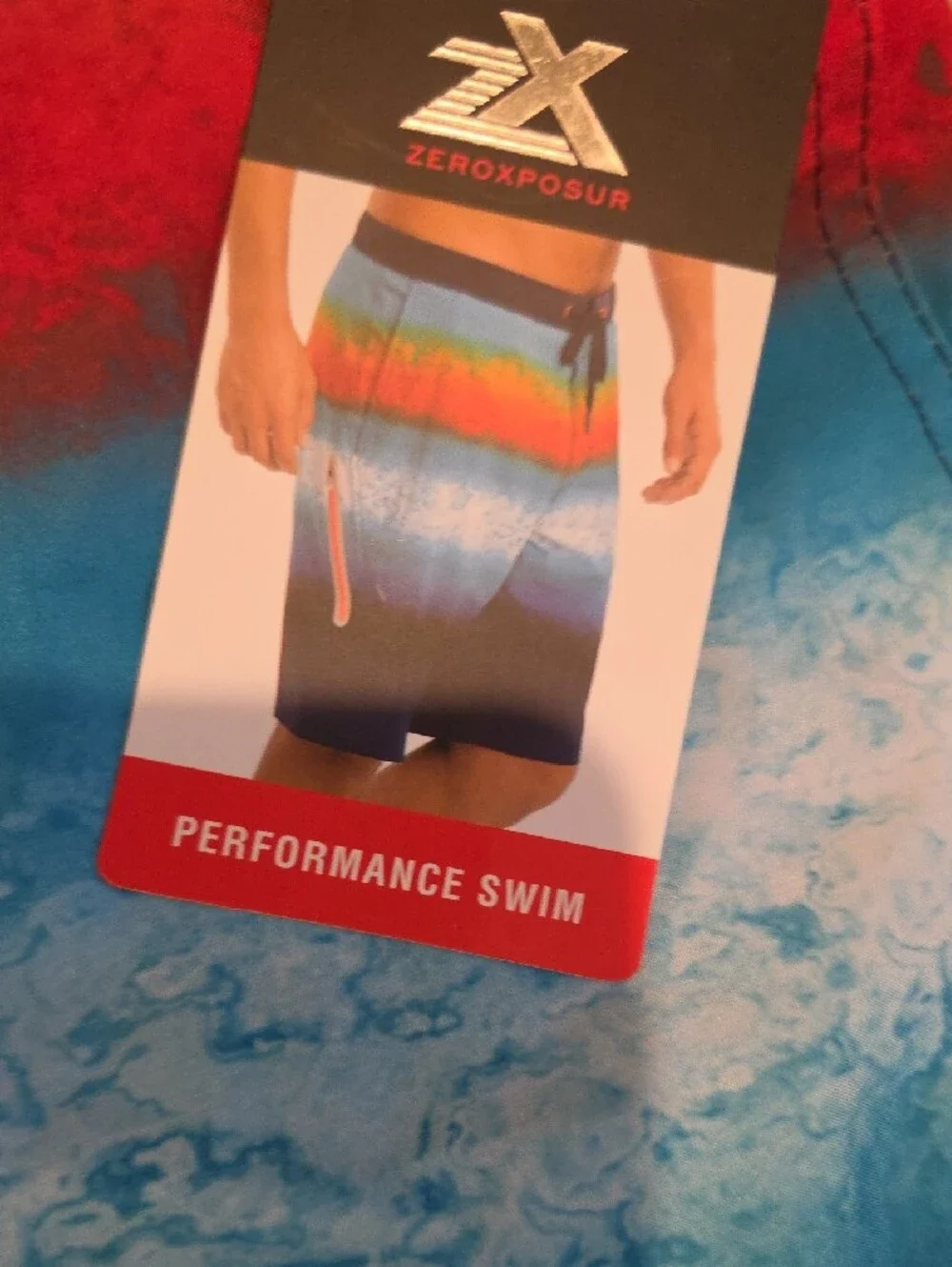 ZeroXposur Men's Blue Gradient Swim Board Shorts with Red Accent